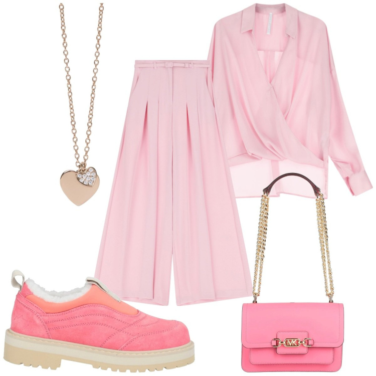 Outfit donna - Primavera in rosa: trendy. Stile Trendy per Tutti i giorni. Abbinamento con mocassini, borse a spalla, ciondoli, bluse, pantaloni.