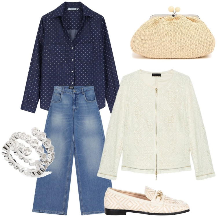 Outfit donna - Pranzo informale. Stile Casual chic per Tutti i giorni. Abbinamento con mocassini, camicie, jeans, blazer, pochette, anelli.