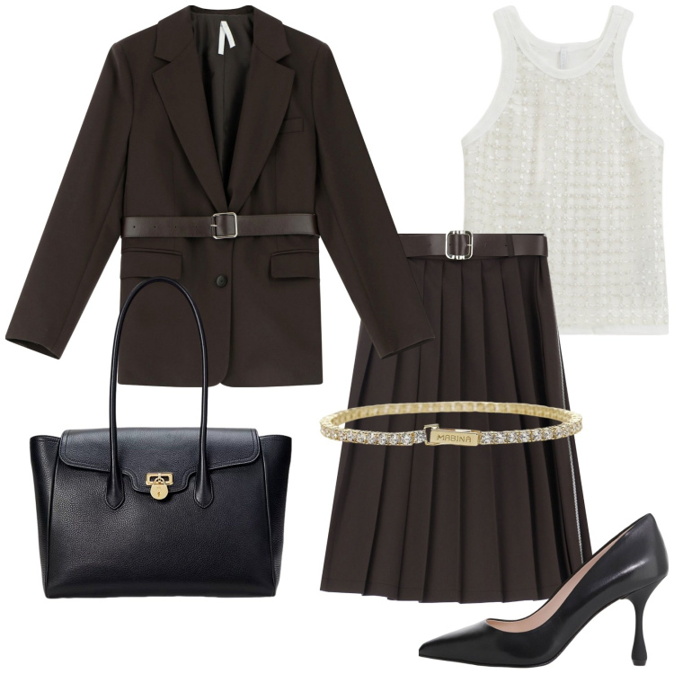 Outfit donna - Sofisticata al lavoro. Stile Bon Ton per Ufficio. Abbinamento con braccialetti, gonne longuette, blazer, top, décolleté, borse a mano.