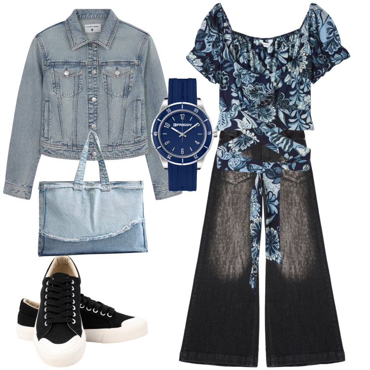 Outfit donna - Total Denim: Un Look Che Non Passa Mai d. Stile Vintage retrò per Tutti i giorni. Abbinamento con bluse, shopping bag, blazer, jeans a zampa, orologi, sneakers.