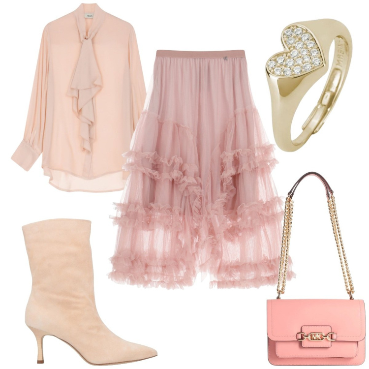 Outfit donna - Primavera in rosa : romantica. Stile Romantica per Tutti i giorni. Abbinamento con stivaletti, borse a spalla, anelli, gonne lunghe, bluse.