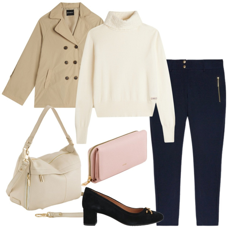 Outfit donna - Il trench versatile. Stile Casual chic per Ufficio. Abbinamento con décolleté, trench, maglieria, pantaloni skinny, borse a tracolla, portafogli.