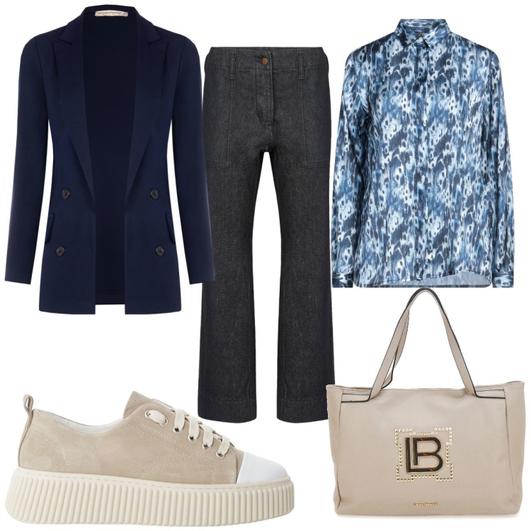 Outfit donna - Lo stile casual chic: in blu. Stile Casual chic per Tutti i giorni. Abbinamento con camicie, blazer, sneakers, borse a spalla, pantaloni.