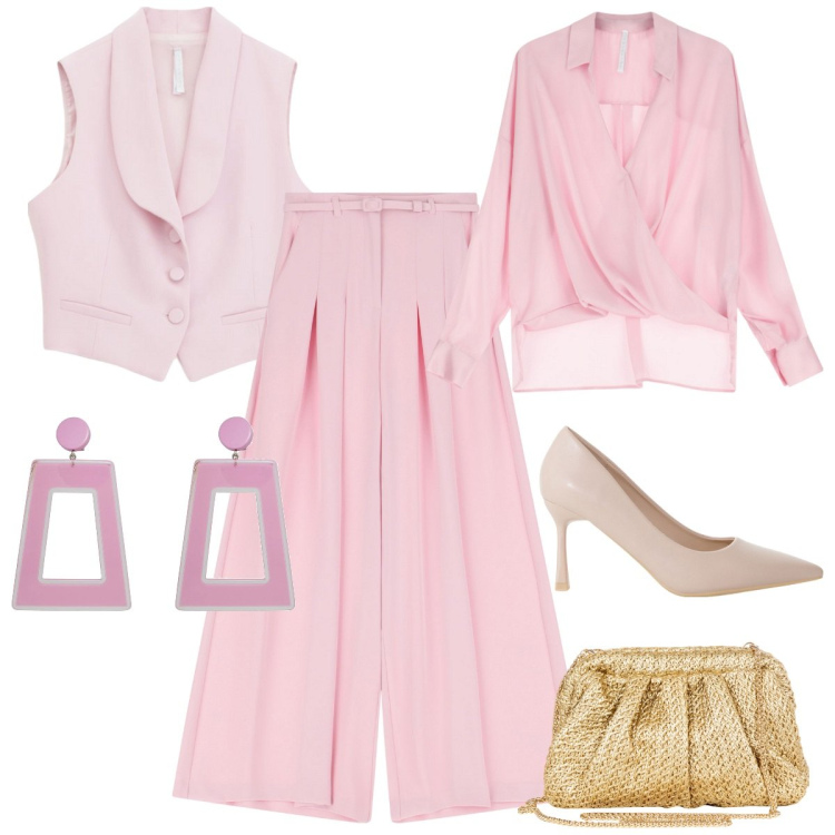Outfit donna - Primavera in rosa. Stile Chic per Cerimonia. Abbinamento con orecchini, clutch, bluse, décolleté, pantaloni, gilet.