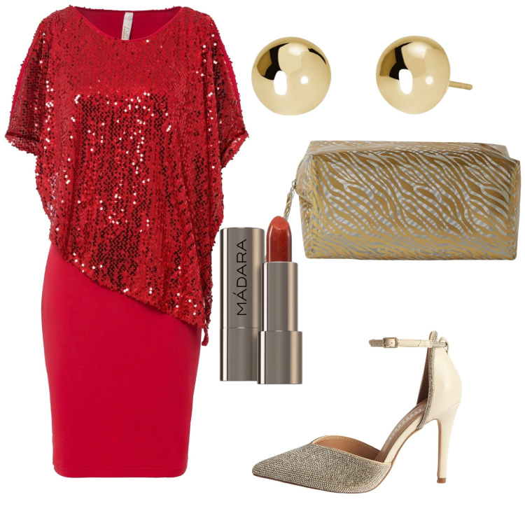 Outfit donna - Matrimonio rosso ed oro. Stile Glamour per Cerimonia. Abbinamento con vestiti, rossetti, décolleté, pochette, orecchini.
