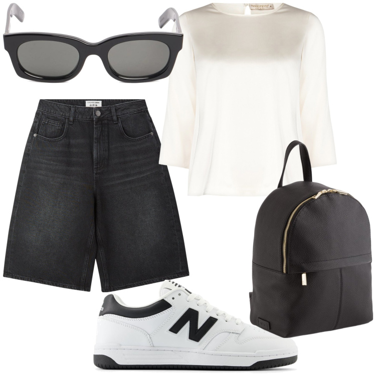 Outfit donna - Nero su bianco. Stile Trendy per Tutti i giorni. Abbinamento con bermuda, sneakers, bluse, occhiali da sole, zaini.