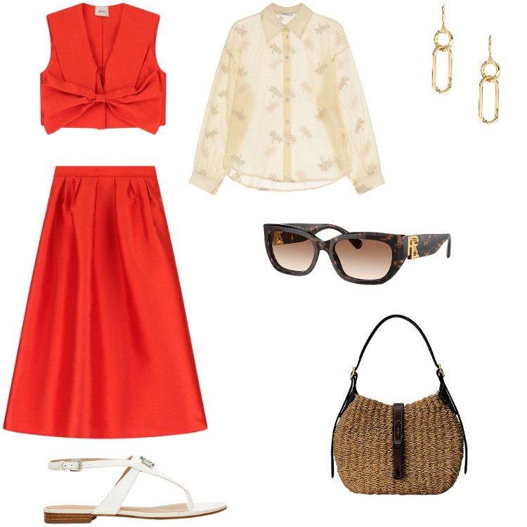 Outfit donna - SIVIGLIA vibes. Stile Preppy per Tutti i giorni. Abbinamento con gonne, camicie, borse a spalla, sandali in pelle, occhiali da sole, orecchini.