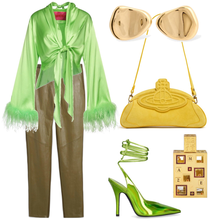 Outfit donna - Green and yellow. Stile Trendy per Serata fuori. Abbinamento con leggings, camicie, profumi, orecchini, décolleté, clutch.