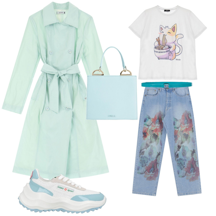 Outfit donna - Semplicità e Stile: Il Trench al Centro. Stile Casual per Tutti i giorni. Abbinamento con borse a mano, sneakers, cinture, jeans dritti, trench, t-shirt.
