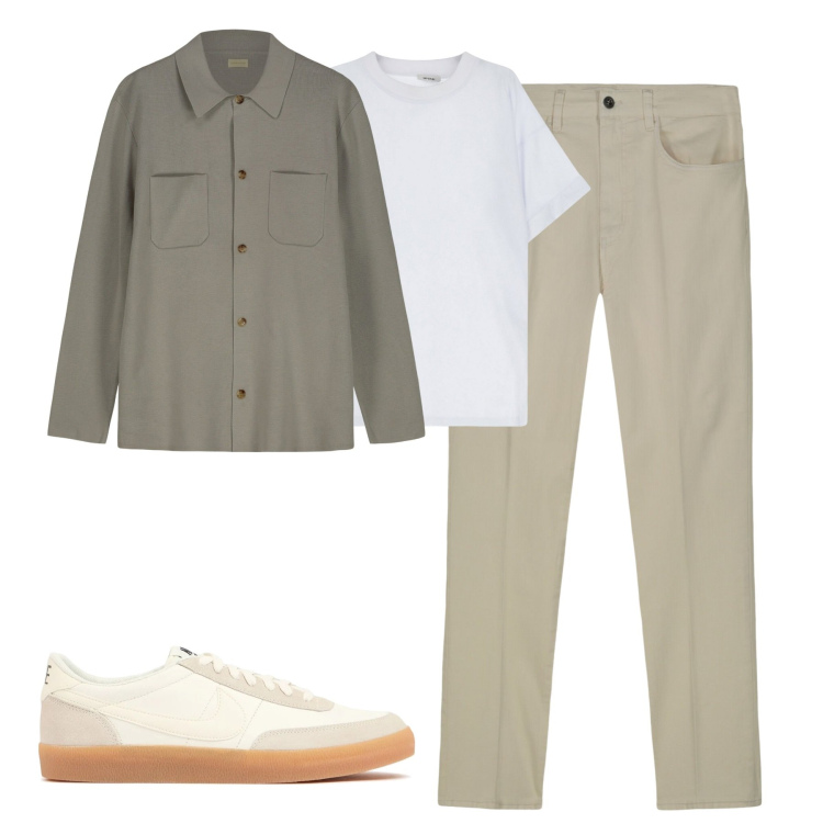 Outfit uomo - Casual curato. Stile Casual per Tutti i giorni. Abbinamento con t-shirt, pantaloni, cardigans, sneakers.
