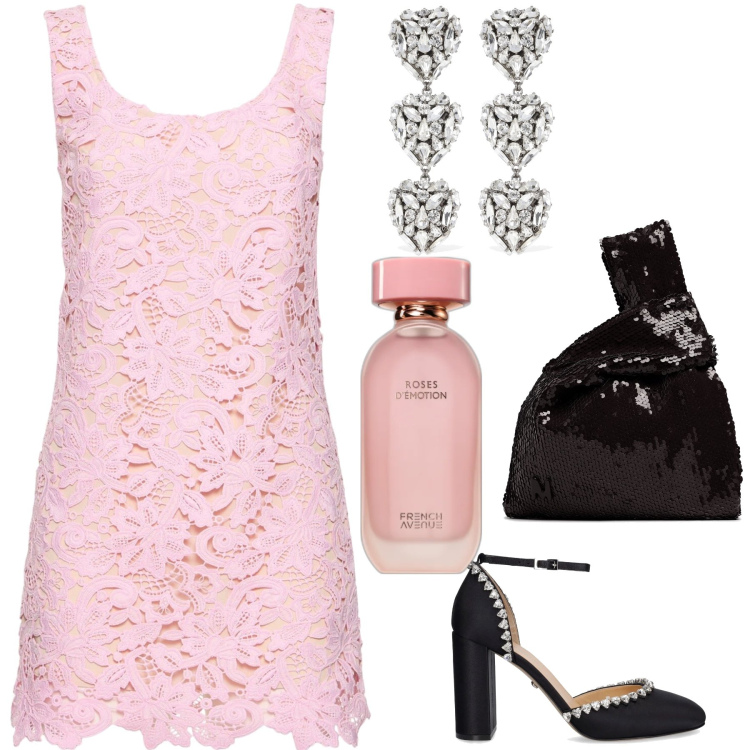 Outfit donna - Abito rosa in pizzo. Stile Romantica per Cerimonia. Abbinamento con profumi, vestiti, orecchini, décolleté, pochette.