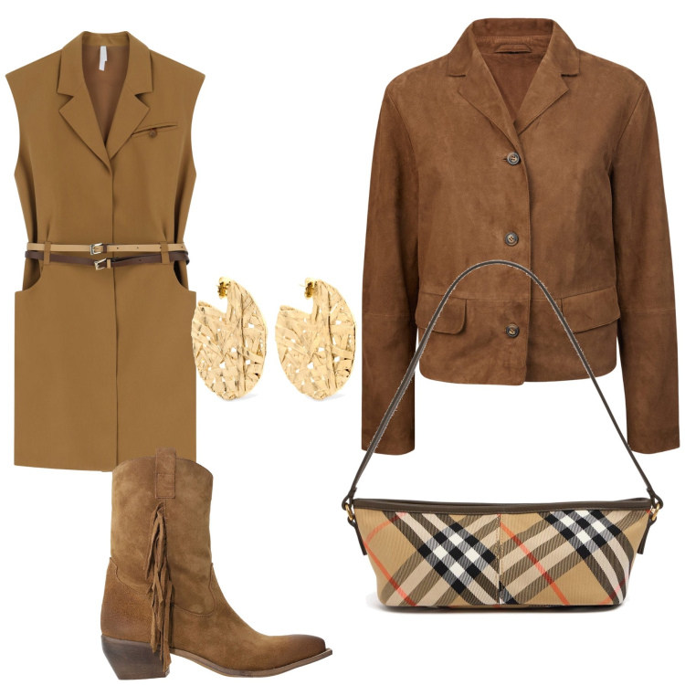 Outfit donna - Tutto in moka. Stile Boho per Scuola/Università. Abbinamento con vestiti corti, stivali, borse a mano, blazer, orecchini.