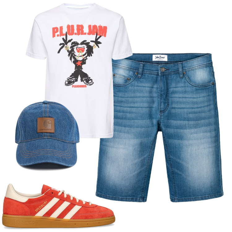 Outfit uomo - Weekend. Stile Casual per Tutti i giorni. Abbinamento con bermuda, t-shirt, cappelli, sneakers.