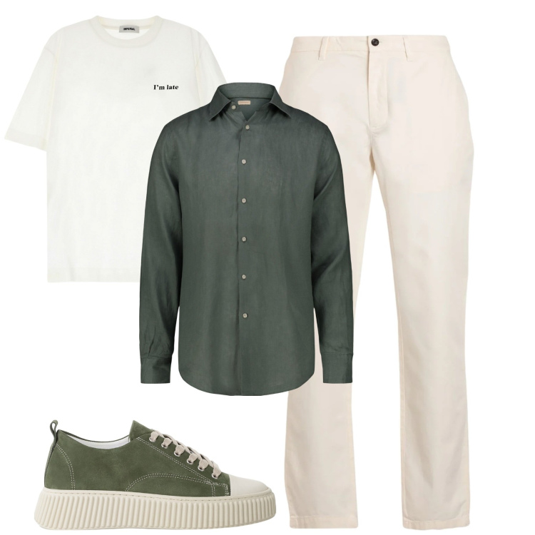 Outfit uomo - City. Stile Trendy per Tutti i giorni. Abbinamento con pantaloni chino, sneakers, t-shirt, camicie.