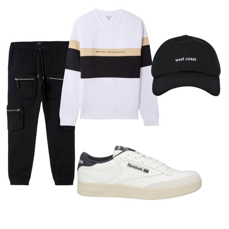 Outfit uomo - Total look #2092424. Stile Casual per Tutti i giorni. Abbinamento con sneakers, pantaloni cargo, cappelli con visiera, felpe con cappuccio.