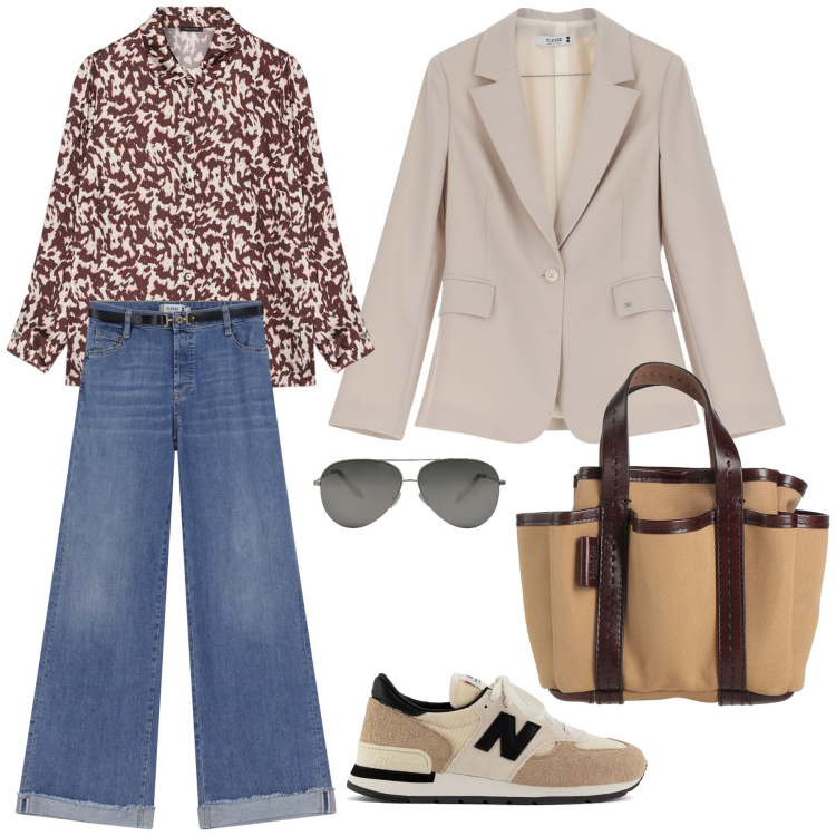 Outfit donna - Passeggiata in compagnia. Stile Casual chic per Tutti i giorni. Abbinamento con borse a mano, occhiali da sole, sneakers, jeans, blazer, camicie.