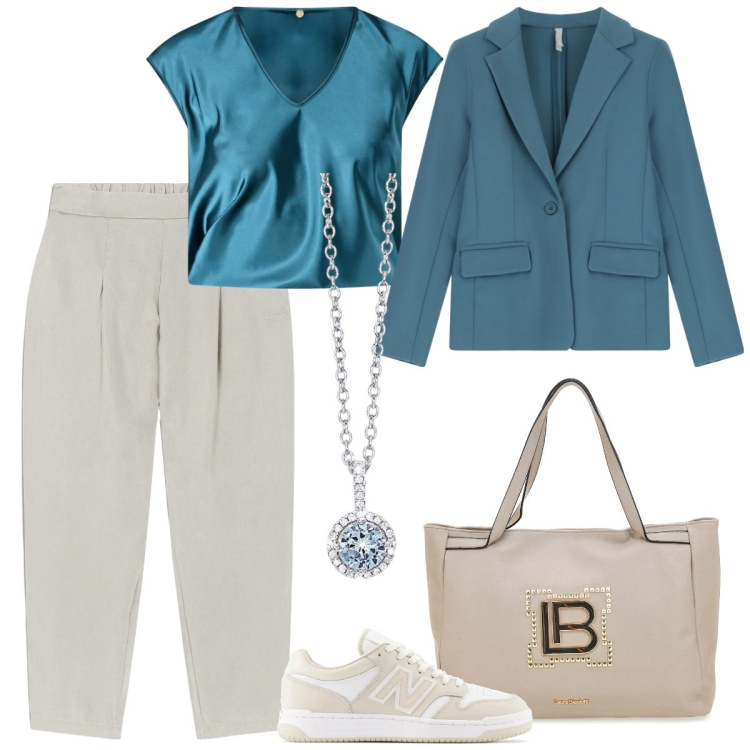 Outfit donna - Casual-chich per la primavera - curvy. Stile Casual chic per Ufficio. Abbinamento con collane, sneakers, bluse, blazer, pantaloni, borse a spalla.