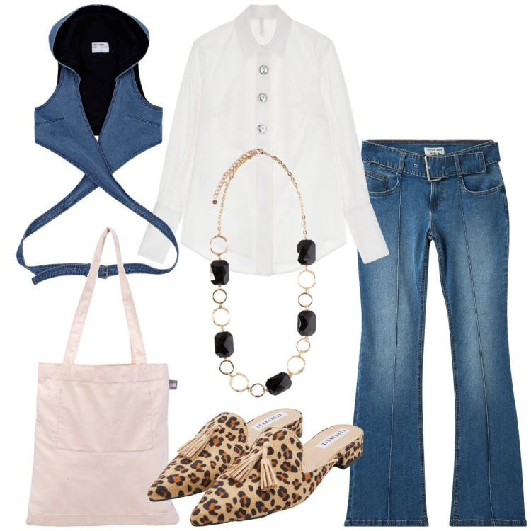Outfit donna - In jeans. Stile 70s per Tutti i giorni. Abbinamento con gilet, sabot, jeans a zampa, shopping bag, camicie, collane.