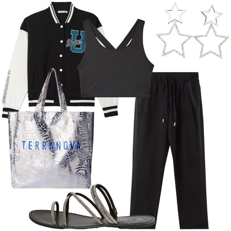 Outfit donna - Terranova girl. Stile Preppy per Tutti i giorni. Abbinamento con borse tote, orecchini, pantaloni skinny, top sportivi, bomber, sandali.