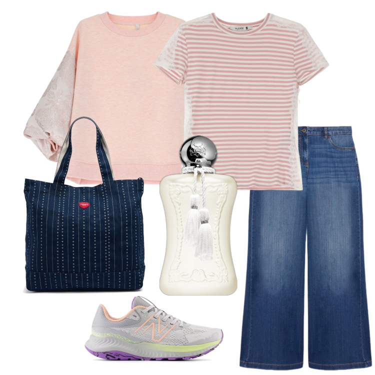 Outfit donna - Shopper blu denim. Stile Casual per Tutti i giorni. Abbinamento con profumi, t-shirt, sneakers, felpe, jeans, borse tote.