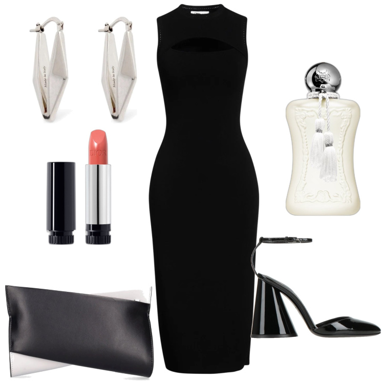 Outfit donna - Signorina grandi firme. Stile Glamour per Serata fuori. Abbinamento con vestiti midi/longuette, décolleté, rossetti, profumi, pochette, orecchini.