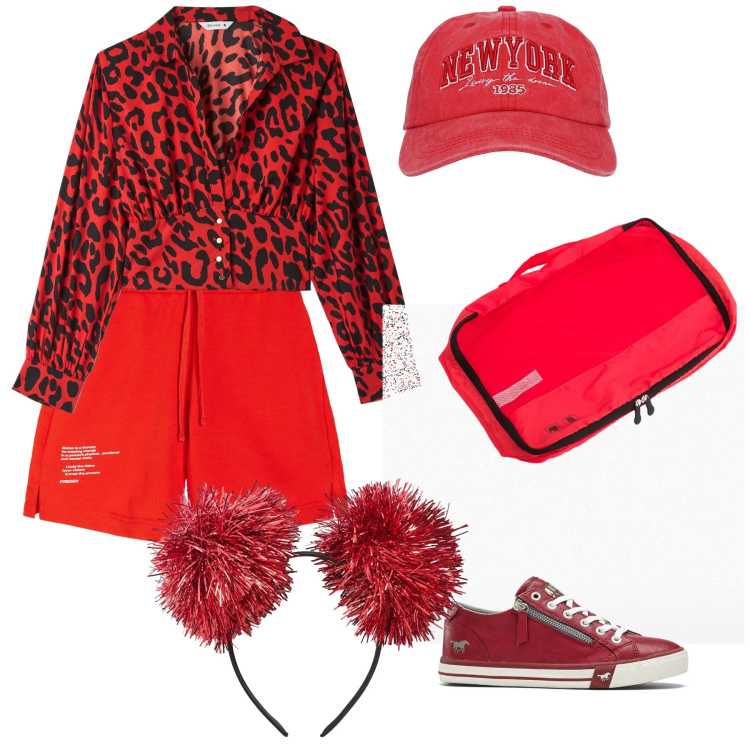 Outfit donna - Il rosso sul lungomare. Stile Trendy per Mare. Abbinamento con sneakers, cappelli, bluse, cerchietti, pantaloni corti, valigie.