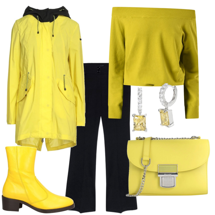 Outfit donna - Primavera giallo sole. Stile Casual chic per Tutti i giorni. Abbinamento con stivaletti, borse a tracolla, trench, orecchini, maglieria, pantaloni.