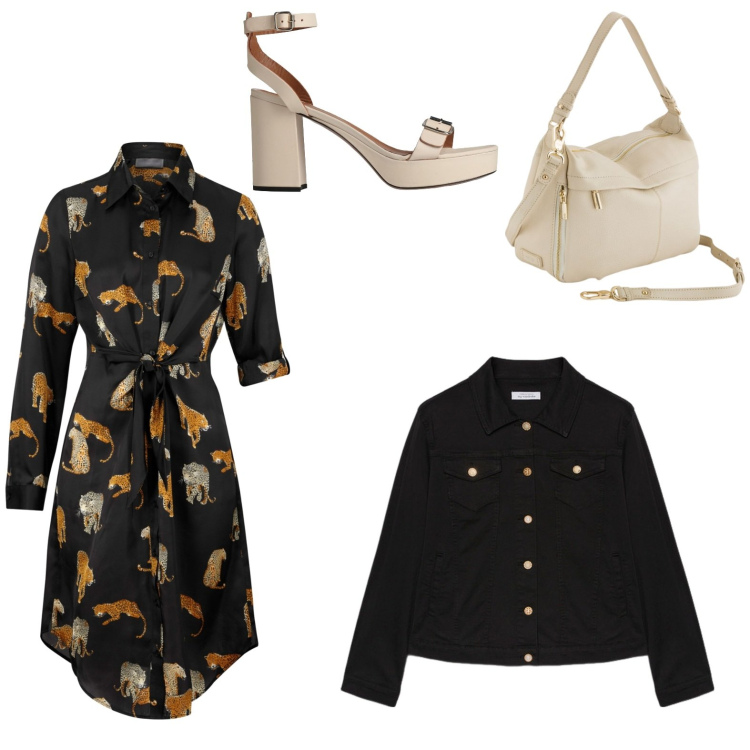 Outfit donna - Shopping con amiche. Stile Casual Abbinamento con vestiti chemisier, sandali in pelle, borse a tracolla, blazer.
