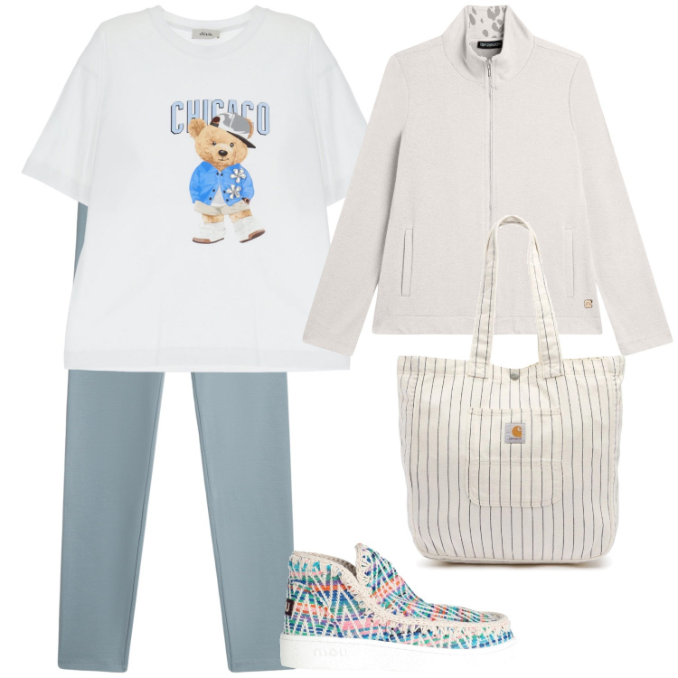 Outfit donna - Giardinetto sotto casa. Stile Casual per Tutti i giorni. Abbinamento con stivaletti, felpe, leggings, t-shirt, borse tote.