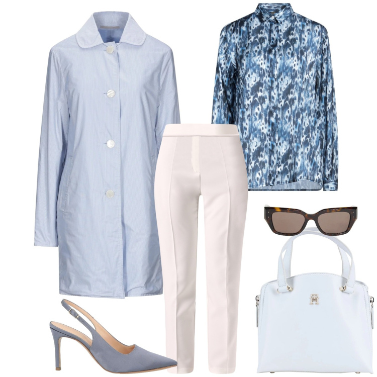 Outfit donna - Total look #2092464. Stile Casual chic per Tutti i giorni. Abbinamento con décolleté, camicie, trench, borse a mano, occhiali da sole, pantaloni.