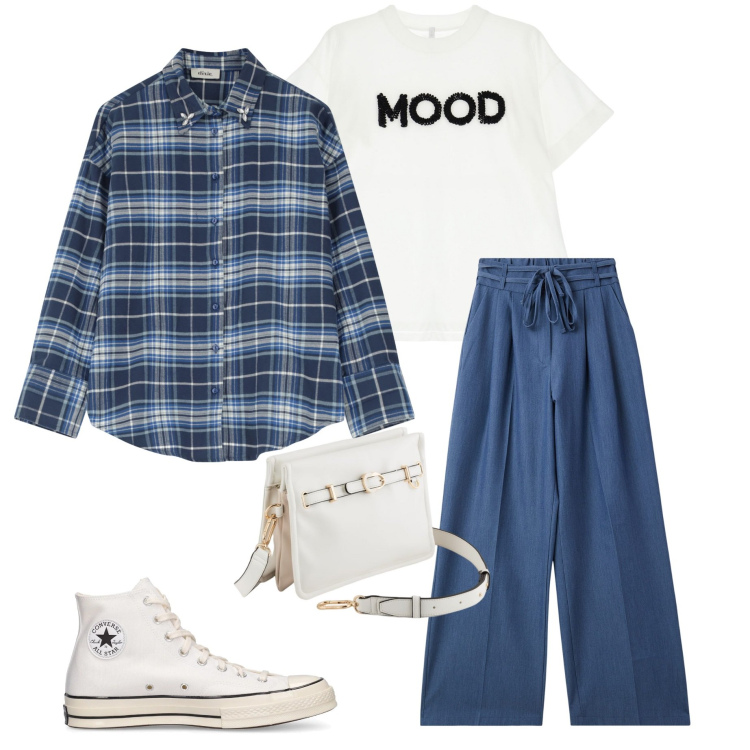 Outfit donna - Casual style. Stile Casual per Scuola/Università. Abbinamento con jeans, t-shirt, camicie, sneakers, borse a tracolla.