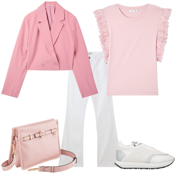 Outfit donna - L\'amica estrosa in bianco e rosa. Stile Casual per Tutti i giorni. Abbinamento con sneakers, t-shirt, jeans a zampa, blazer, borse a tracolla.