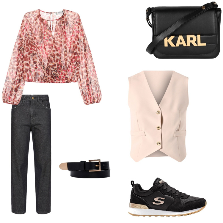 Outfit donna - Brunch in cascina. Stile Sporty chic Abbinamento con sneakers, borse a tracolla, gilet, bluse, pantaloni, cinture.