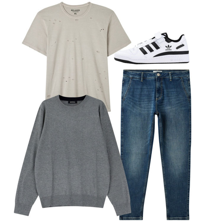 Outfit uomo - City. Stile Casual per Tutti i giorni. Abbinamento con sneakers, t-shirt, jeans, maglieria.