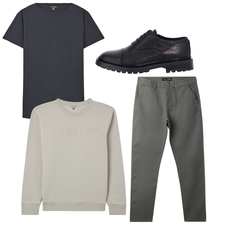 Outfit uomo - City. Stile Casual per Tutti i giorni. Abbinamento con pantaloni chino, t-shirt, felpe, scarpe stringate.