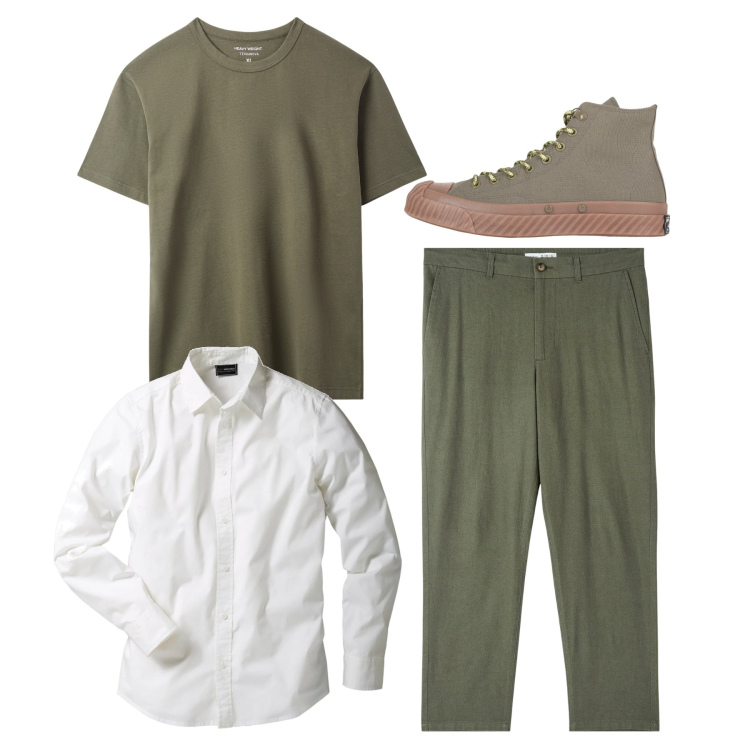 Outfit uomo - Military city. Stile Casual per Tutti i giorni. Abbinamento con camicie, sneakers alte, pantaloni, t-shirt.