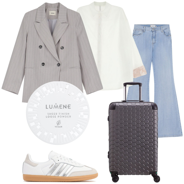 Outfit donna - Total look #2092476. Stile Casual chic per Tutti i giorni. Abbinamento con ciprie, jeans a zampa, camicie, blazer, sneakers, valigie.