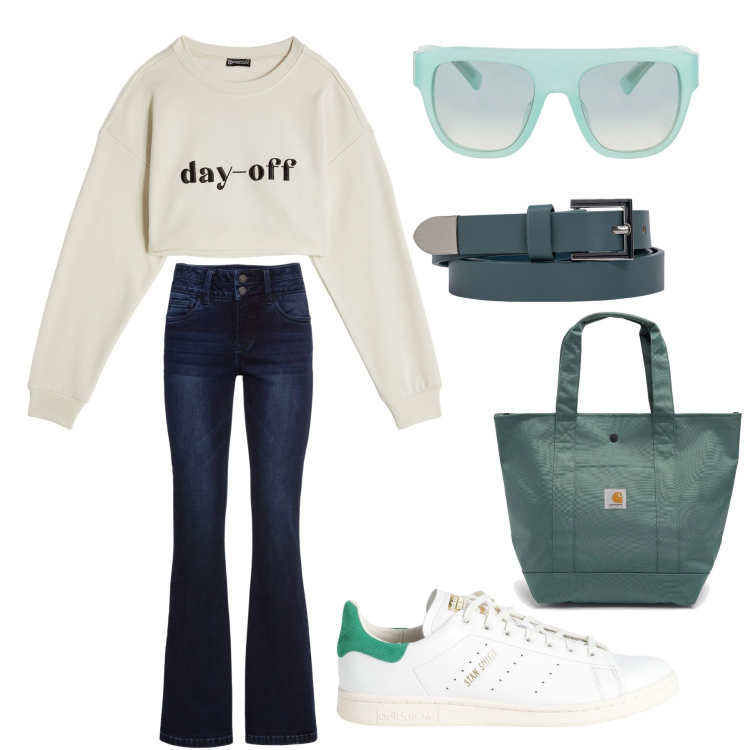 Outfit donna - Stile Quotidiano: Comfort e Chic in Ogni. Stile Casual per Tutti i giorni. Abbinamento con jeans bootcut, sneakers, occhiali da sole, felpe, borse tote, cinture.