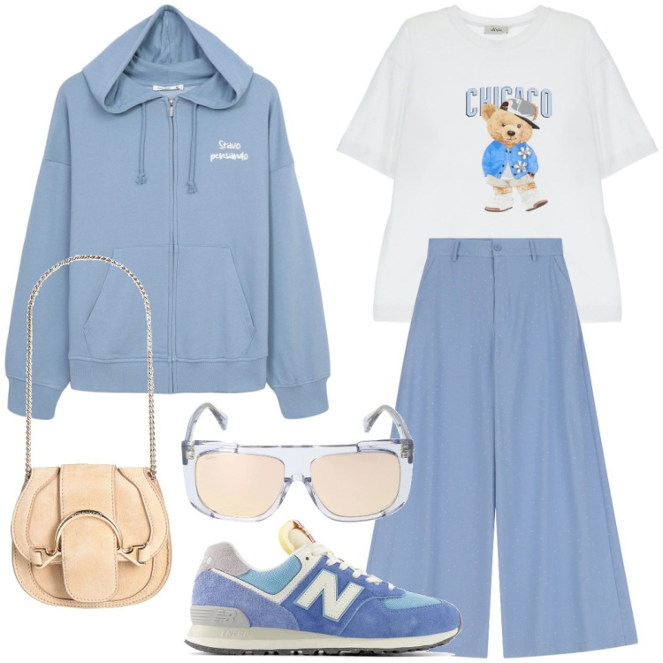 Outfit donna - Casual chic. Stile Casual chic per Tutti i giorni. Abbinamento con marsupi, pantaloni, sneakers, felpe con cappuccio, t-shirt, occhiali da sole.