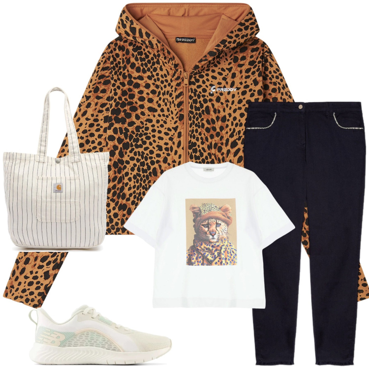 Outfit donna - Tigrotta. Stile Casual per Tutti i giorni. Abbinamento con sneakers, felpe con cappuccio, t-shirt, jeans skinny, borse tote.