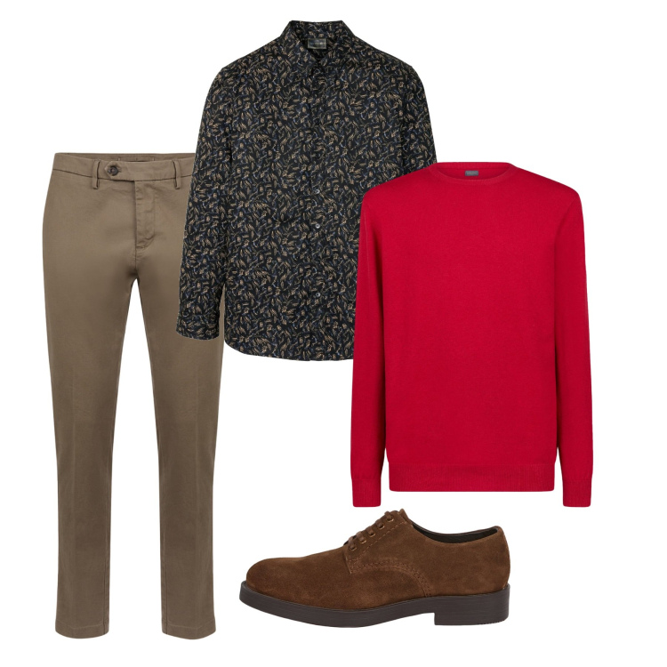 Outfit uomo - Rosso a primavera. Stile Casual per Tutti i giorni. Abbinamento con camicie, pantaloni chino, maglieria, scarpe stringate.
