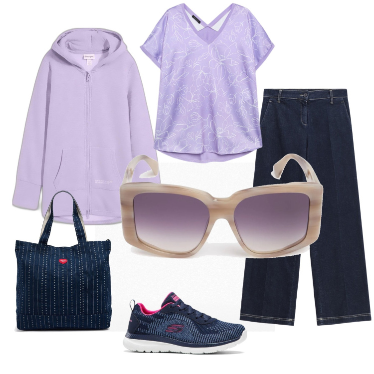 Outfit donna - Lilla mon amour. Stile Casual per Tutti i giorni. Abbinamento con felpe, sneakers, jeans dritti, t-shirt, occhiali da sole, borse tote.