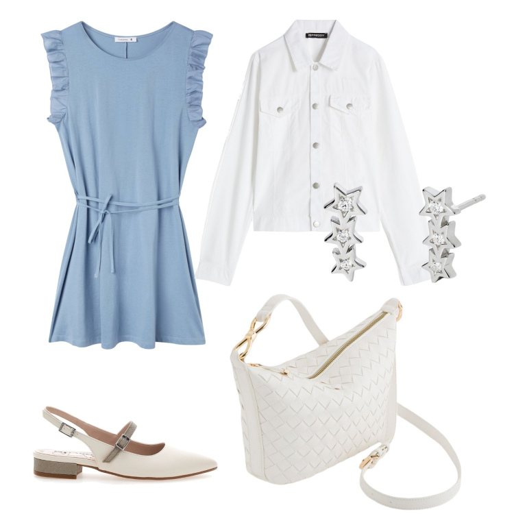 Outfit donna - Un vestito, un giubbotto e via. Stile Casual chic per Tutti i giorni. Abbinamento con vestiti, orecchini, blazer, ballerine, borse a tracolla.