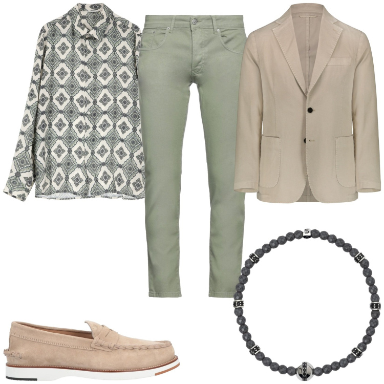 Outfit uomo - Influenze bohemien. Stile Trendy per Serata speciale. Abbinamento con scarpe stringate, pantaloni, braccialetti, camicie, giacche.