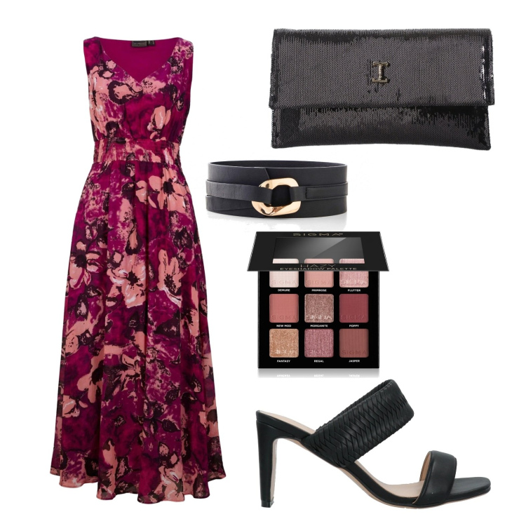 Outfit donna - Serata schic. Stile Chic per Serata fuori. Abbinamento con vestiti lunghi, cinture, sandali in pelle, ombretti, borse a tracolla.