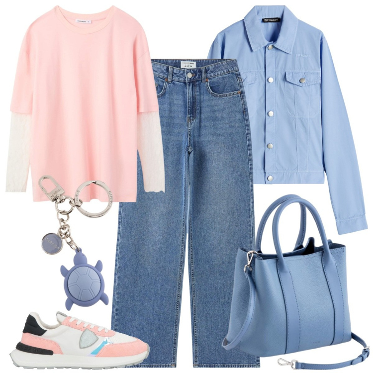 Outfit donna - Total look #2092522. Stile Basic per Tutti i giorni. Abbinamento con sneakers, jeans, t-shirt, blazer, borse a mano, portachiavi.