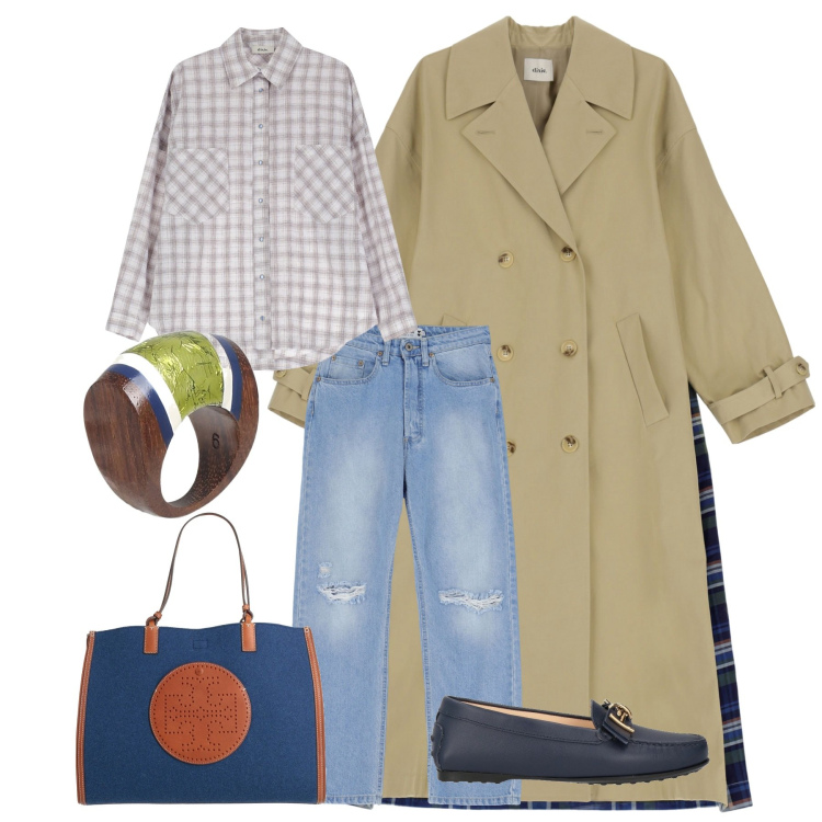 Outfit donna - Easy days. Stile Urban per Ufficio. look ideale per Tall. Abbinamento con mocassini, borse a mano, anelli, jeans strappati, trench, camicie.