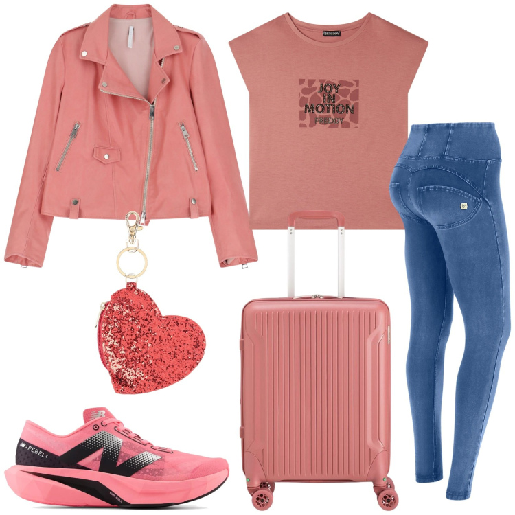 Outfit donna - Primavera in rosa. Stile Basic per Tutti i giorni. Abbinamento con portachiavi, sneakers, giacche, jeggings, t-shirt, valigie.