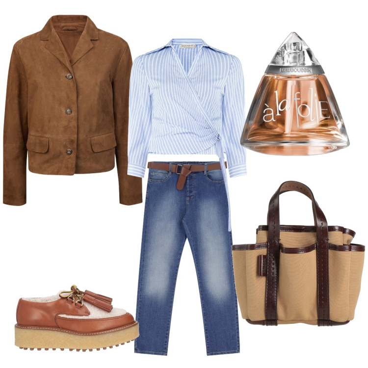 Outfit donna - All’università. Stile Glamour per Scuola/Università. Abbinamento con borse a mano, scarpe stringate, profumi, camicie, jeans dritti, blazer.