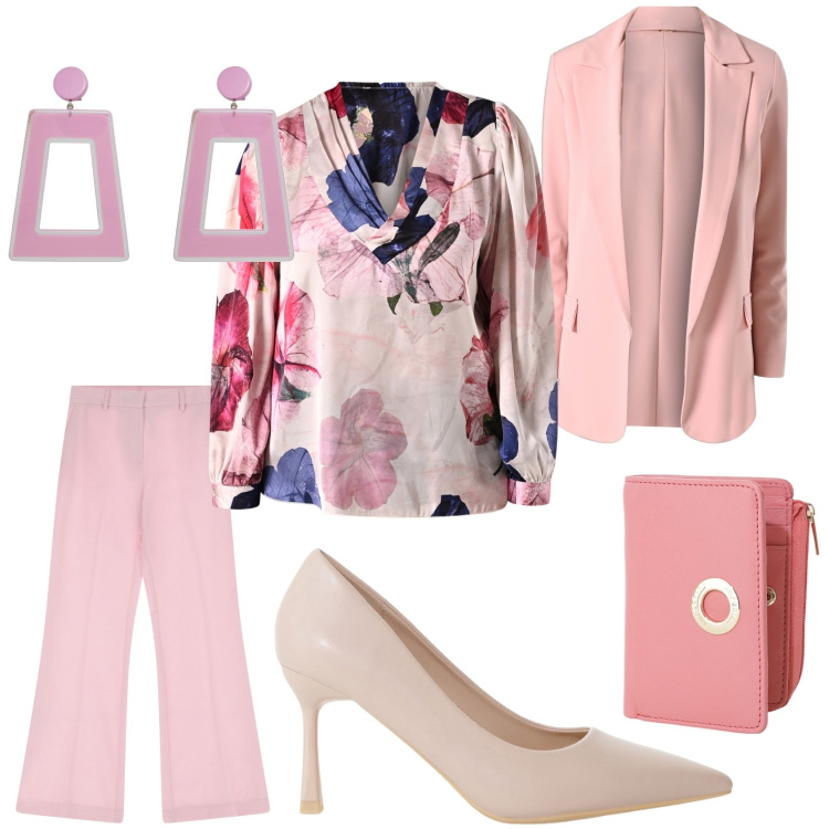 Outfit donna - Total look #2092532. Stile Casual chic per Tutti i giorni. Abbinamento con orecchini, décolleté, pantaloni, portafogli, bluse, blazer.